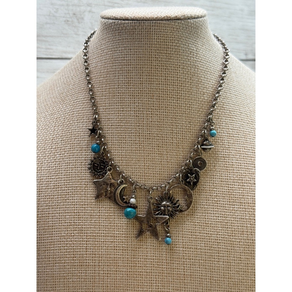 Celestial Sun Moon Star Charm Necklace Silver Tone Turquoise Bead Boho 18 Inch